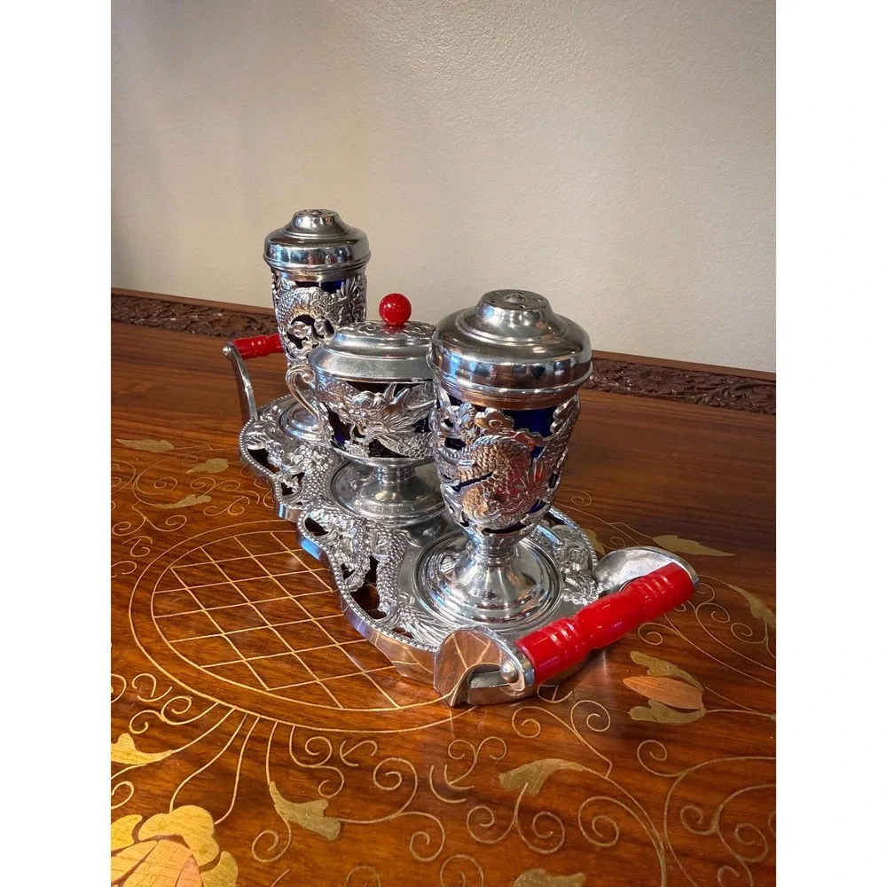 Vintage Japanese Condiment Set • Silver Plate Dragon Motif with Cobalt Glass